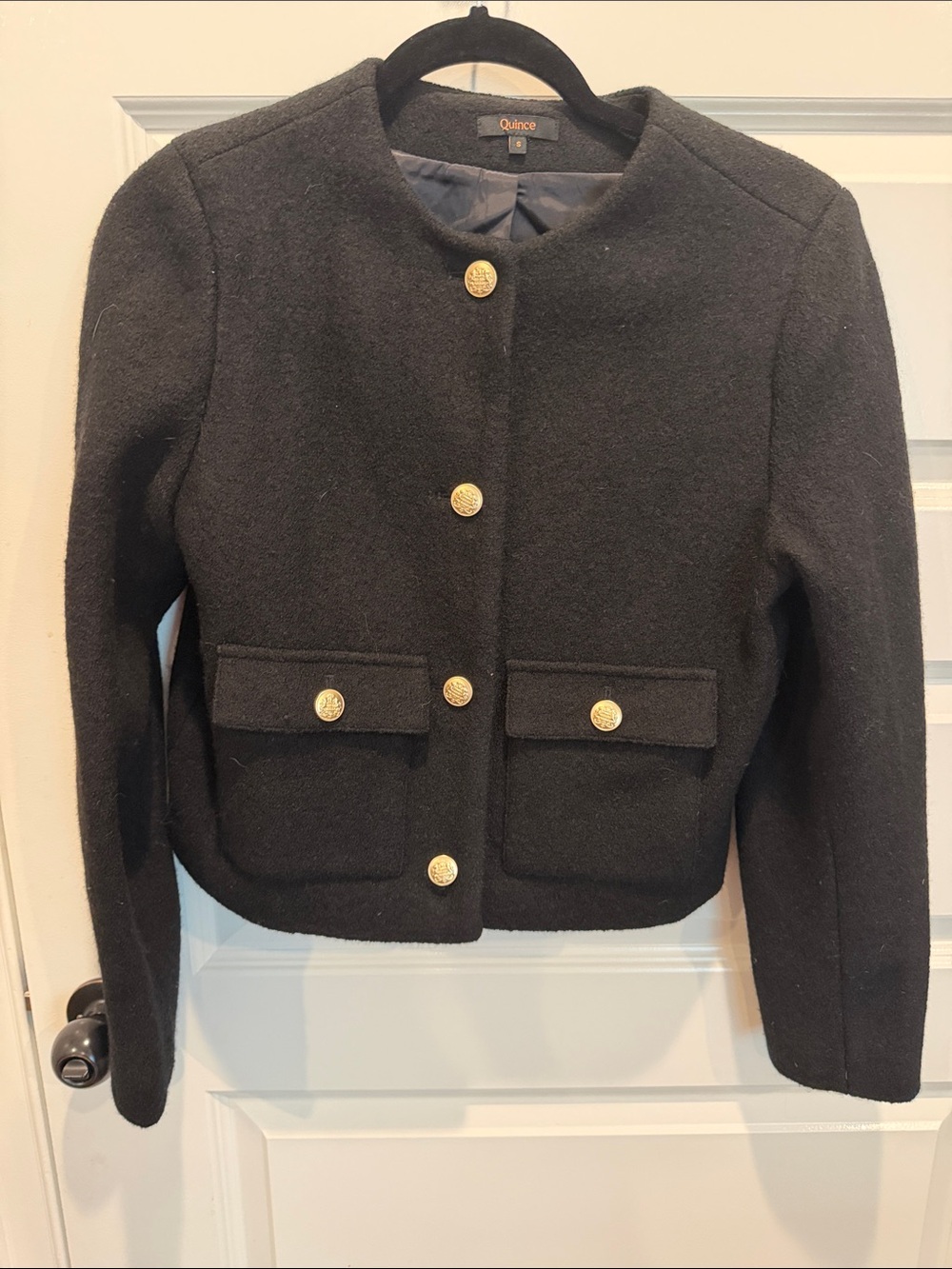 Quince Black Cropped Wool-Blend Jacket with Gold Buttons